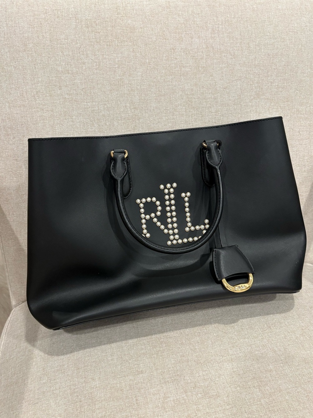 Ralph Lauren Satchel Bag Tote Holiday Black Leather pearl Logo LRL